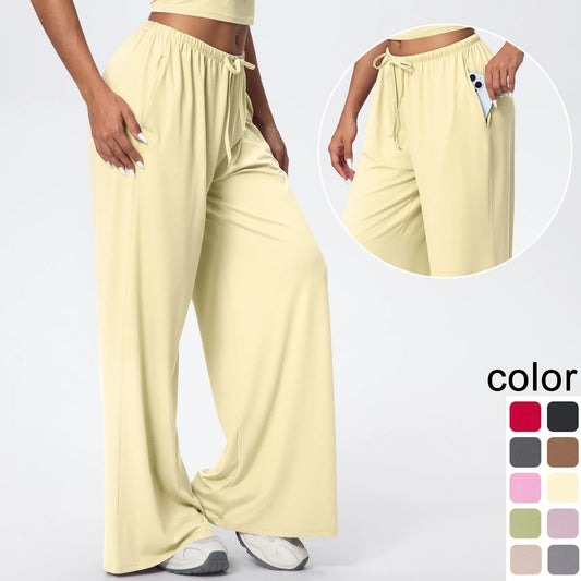 Weite Yoga-Hose mit hohem Bund, weitem Bein, Kordelzug in Hellgelb