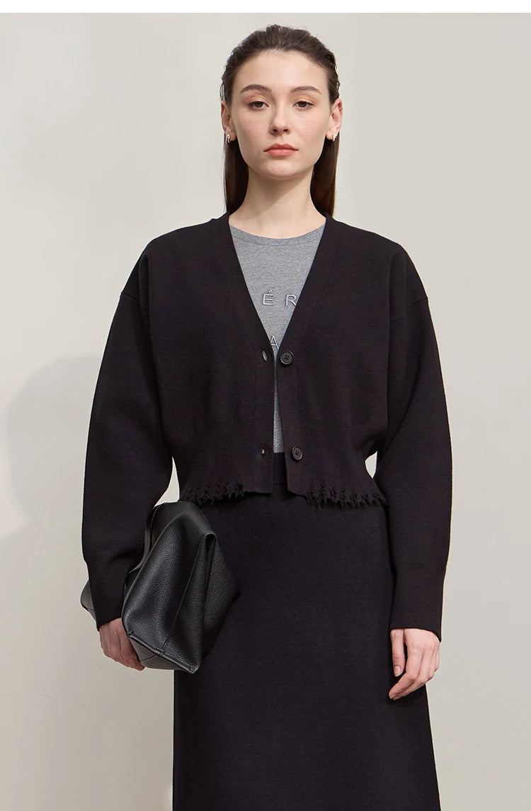 Damen-Strickjacke V-Ausschnitt kurz Quaste locker Langarm Herbst