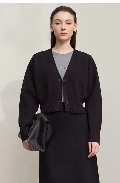 Damen-Strickjacke V-Ausschnitt kurz Quaste locker Langarm Herbst