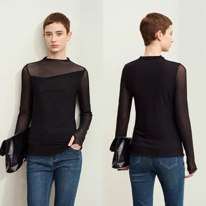 Damen Mesh-T-Shirt im minimalistischen Design mit halbhohem Ausschnitt