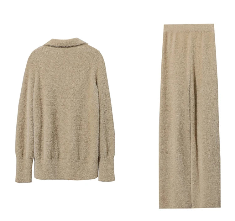 Damen-Top mit Langarm und weite Hose, taupefarben, Rückenansicht und Teilansicht