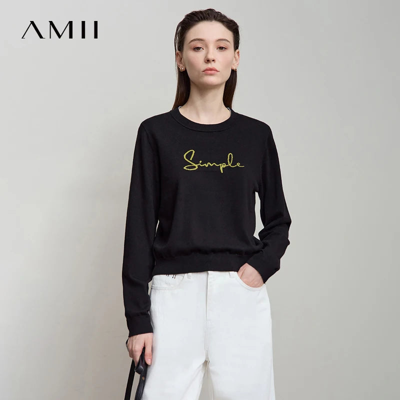 Langarm-T-Shirt für Damen, schwarz, Rundhalsausschnitt, gerader Schnitt, Schriftzug „Simple“