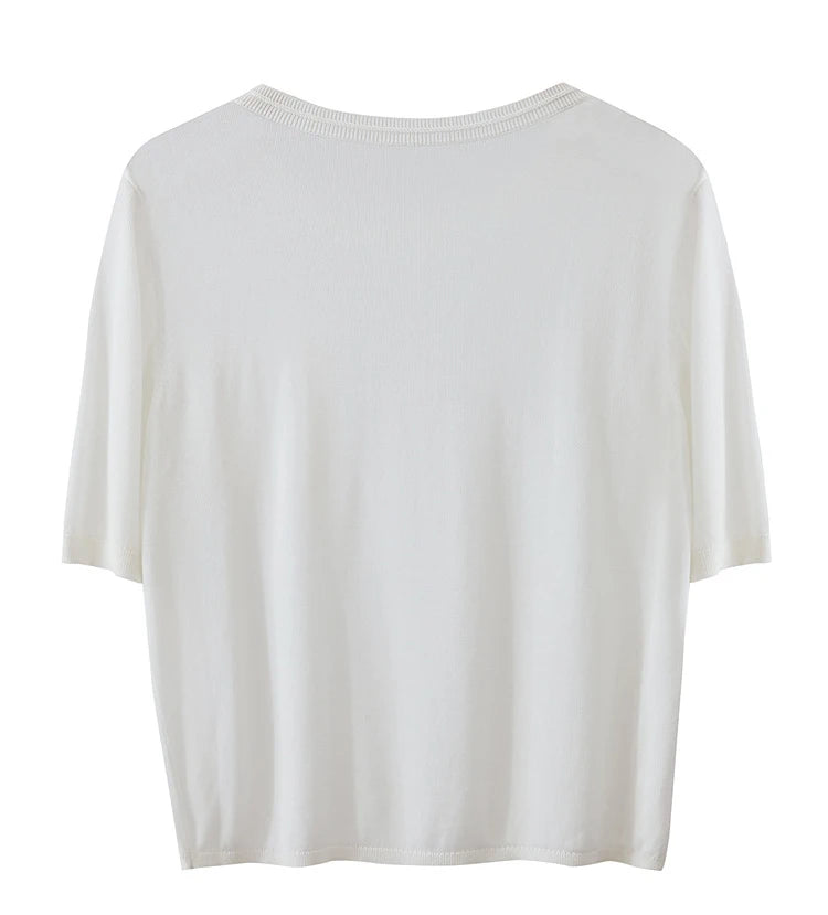 Damen-Rundhalspullover 100 % Lyocell einfarbig locker Kurzarm Sommer