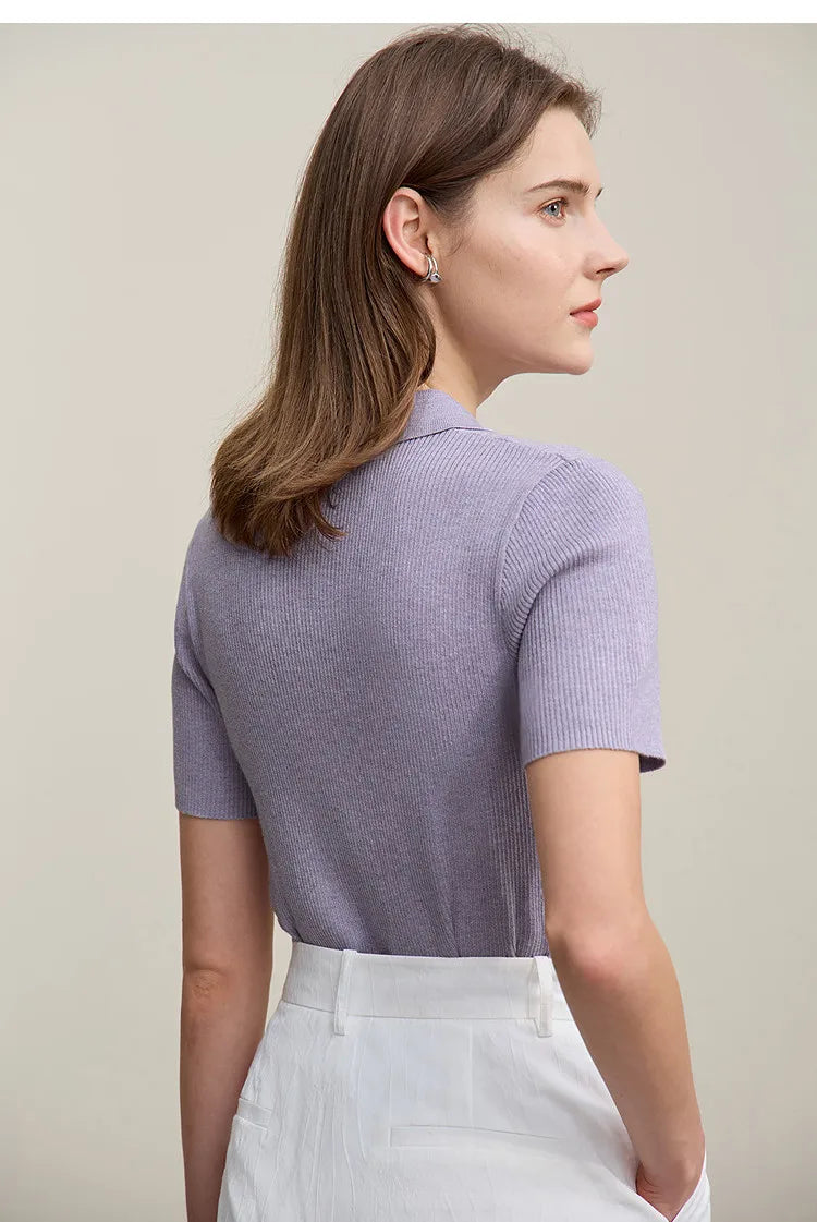 Damen-Strickpullover mit kurzärmeligem Schnitt, fliederfarben, Rückansicht