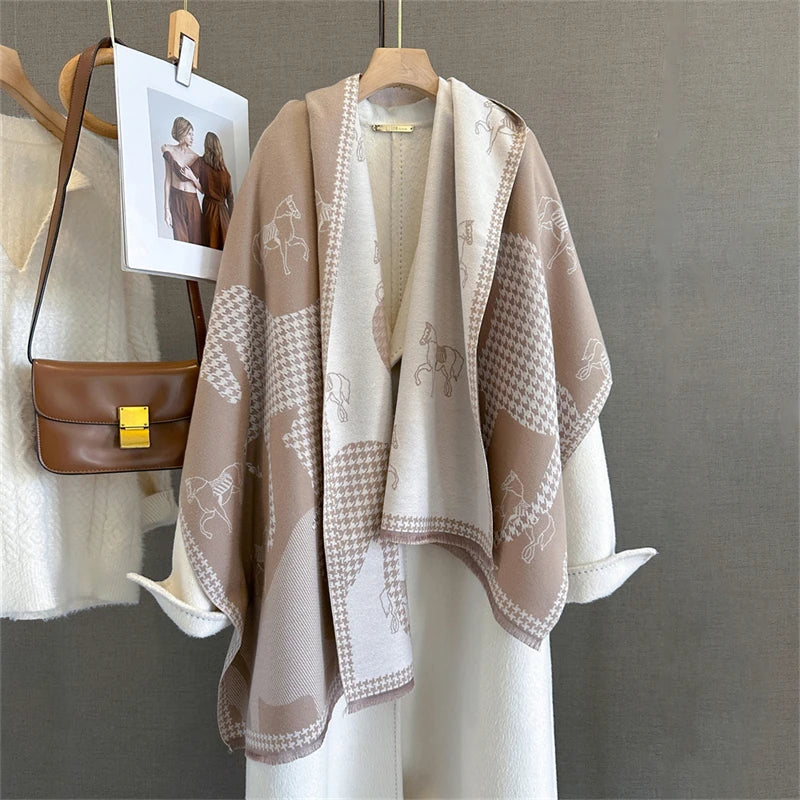 Damen Winterschal Kaschmir Pashmina Pferdprint warm dick Decke Luxus B
