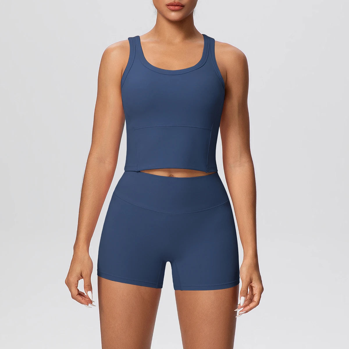 Damen-Yoga-Set in Dunkelblau mit ärmellosem Top und Shorts, Cut-out am Bund