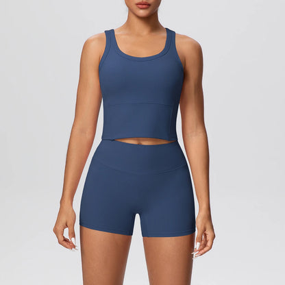 Damen-Yoga-Set in Dunkelblau mit ärmellosem Top und Shorts, Cut-out am Bund