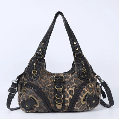 Damen-Schultertasche Leopardenmuster Vintage Stil Mit Top-Handle Griff Und Innenfach Für Smartphone