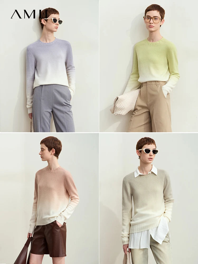Nahtloser Rundhals-Pullover mit Farbverlauf, langärmlig, hellviolett/offwhite