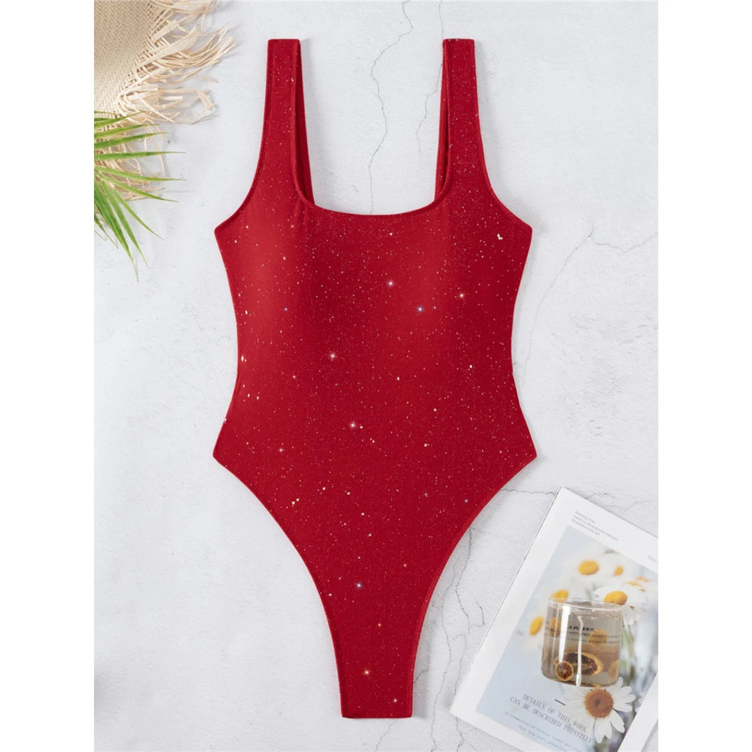 Damen-Badeanzug Glitzer Cut-Out rückenfrei High-Leg gepolstert