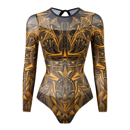 Damen-Badeanzug Blumen Langarm Sarong einteilig gepolstert