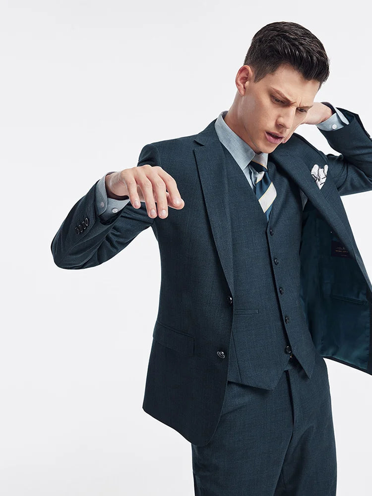 Grünes Herren-Anzugset mit zweireihigem Blazer, Weste und Hose aus Baumwolle – ideal für formelle Anlässe und Hochzeiten