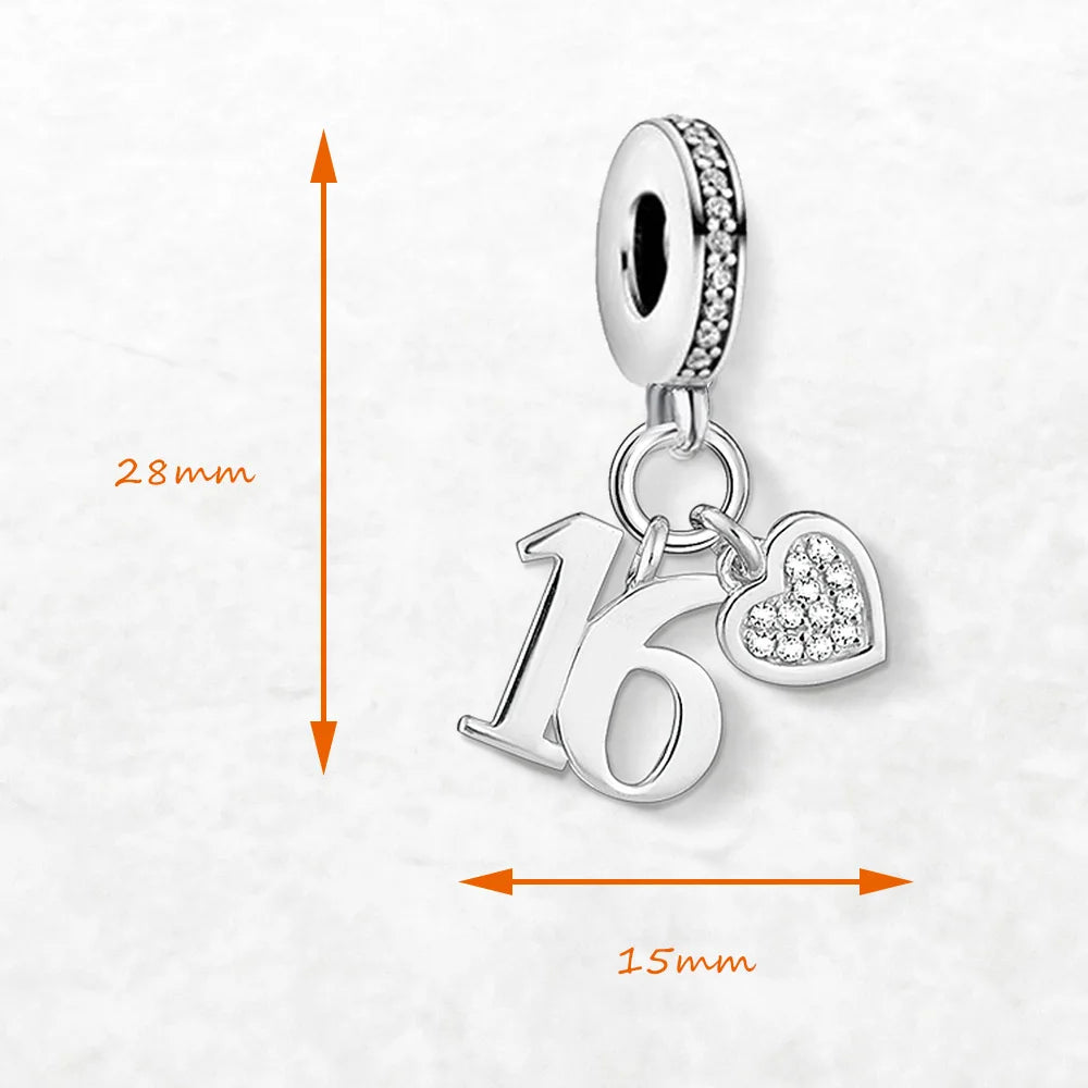 Damen-Charm-Anhänger Glückszahl 16 Geburtstagsgeschenk aus Sterlingsilber