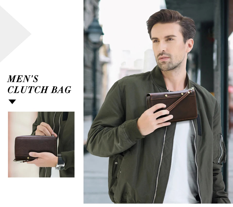 Braune Herren-Clutch-Bag aus Leder am Modell, mit Handschlaufe und Reißverschluss