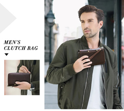 Braune Herren-Clutch-Bag aus Leder am Modell, mit Handschlaufe und Reißverschluss