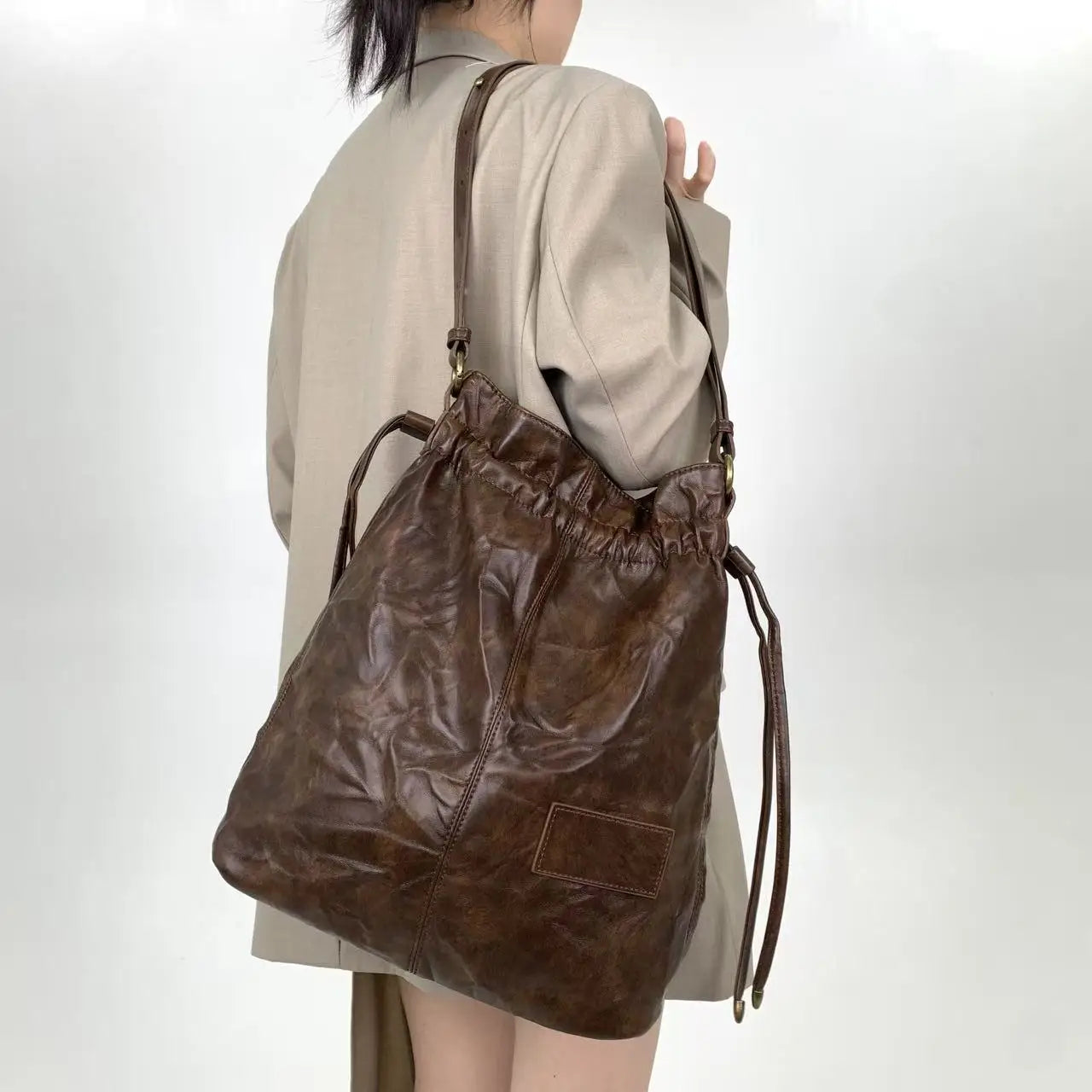 Damen-Top-Handle-Tasche Großes Fassungsvermögen mit Kordelverschluss Innenfächern für Handy Geldbörse