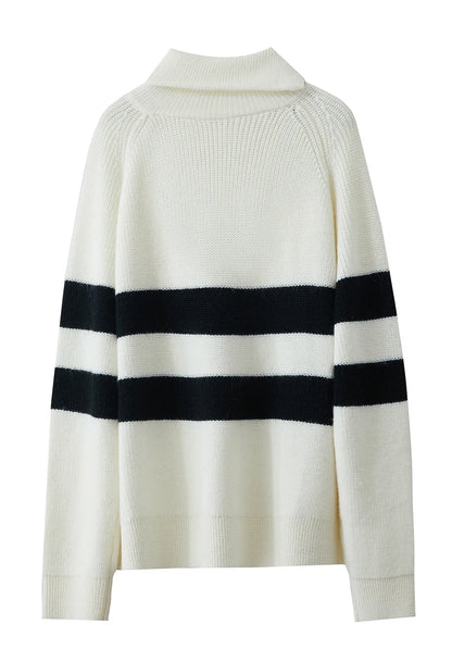 Gestrickter Damen-Rollkragenpullover in Creme mit breiten schwarz-weißen Streifen