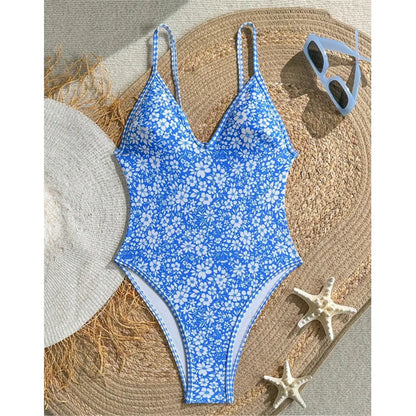 Damen Badeanzug Blumenmuster V-Ausschnitt High-Cut Monokini gepolstert Einteiler