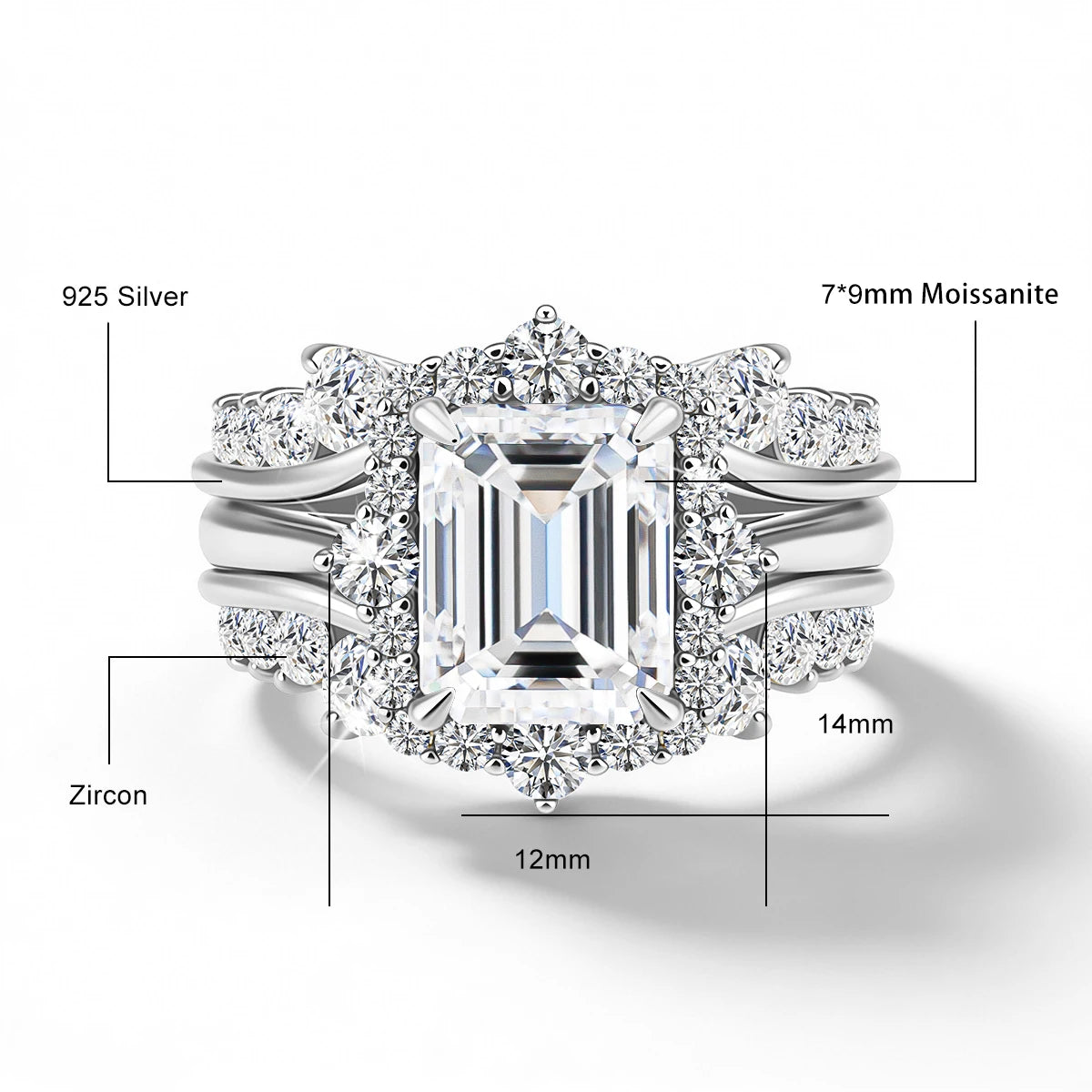 Damen-Verlobungsring-Set aus Moissanit im Smaragd-Schliff Halo-Umrandung 925er Sterlingsilber