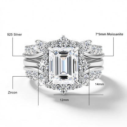 Damen-Verlobungsring-Set aus Moissanit im Smaragd-Schliff Halo-Umrandung 925er Sterlingsilber
