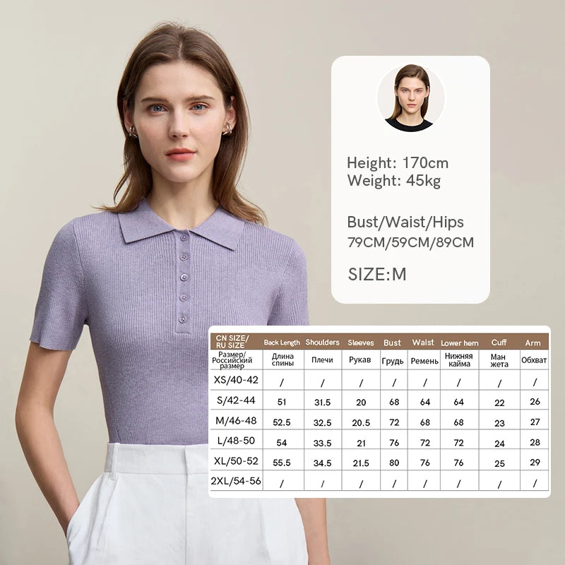 Damen-Strickpullover mit Polo-Kragen und Knopfleiste, kurzarm, fliederfarben