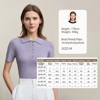 Damen-Strickpullover mit Polo-Kragen und Knopfleiste, kurzarm, fliederfarben