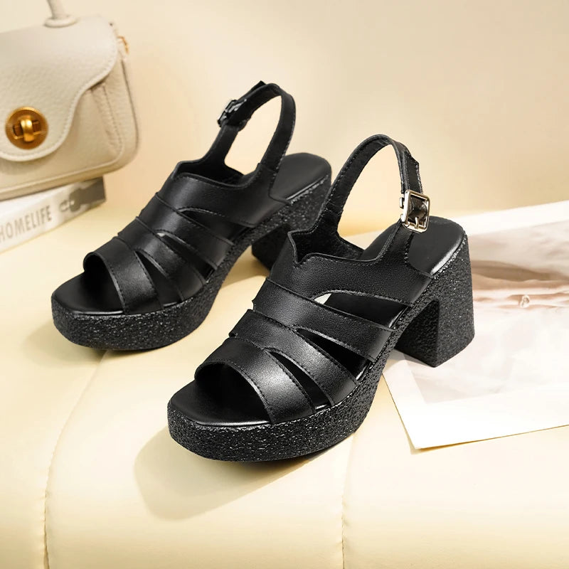 Damen Leder Sandalen Dicke Sohlen High Heels