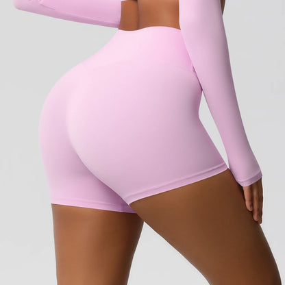 Damen-Sportshorts mit hoher Taille, pink, eng anliegend, glattes Stretchmaterial