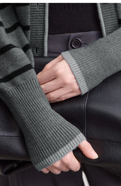 Damen-Strickjacke Streifen V-Ausschnitt locker Wolle Herbst-Winter