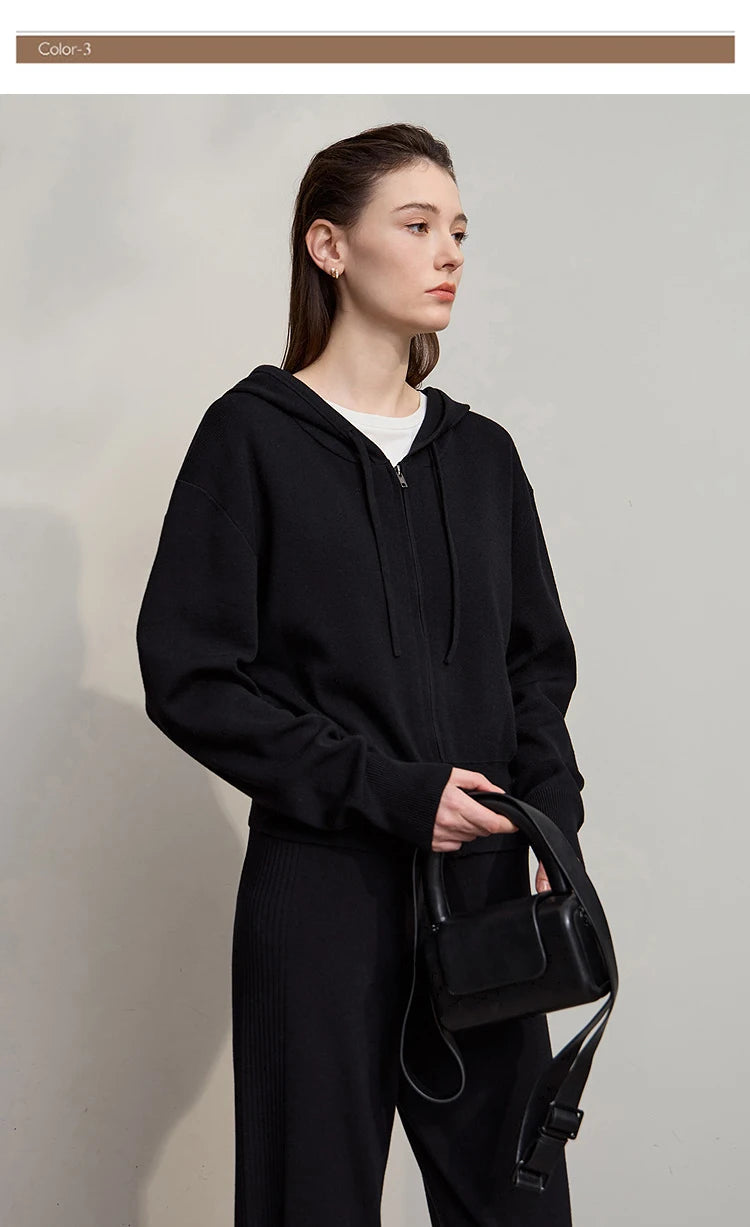 Damen-Strickjacke Kapuze Reißverschluss locker 2-teilig Set Herbst