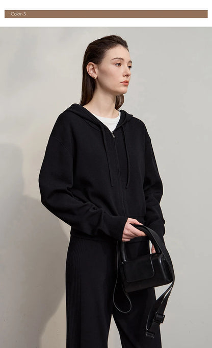 Damen-Strickjacke Kapuze Reißverschluss locker 2-teilig Set Herbst
