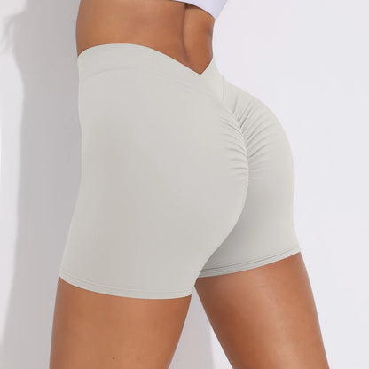 Nahtlose Yoga-Shorts mit hohem Bund, hellbeige, körpernah geschnitten, hinten