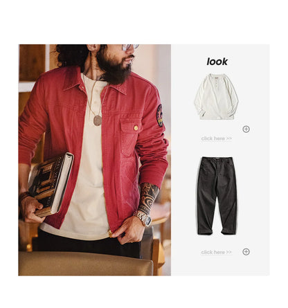 Herren Jacke Bestickte Slim-Fit Canvas Revers Mantel Zip-Up Casual