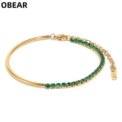 Goldfarbenes Tennisarmband für Damen mit grünen CZ-Steinen und Karabinerverschluss