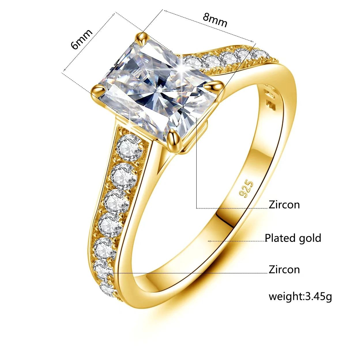 Damen-Verlobungsring Moissanite Emerald-Schliff 2 ct Gelbgold-Optik Silber Farbe D