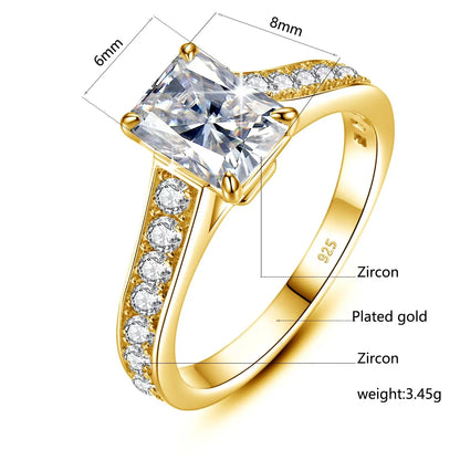 Damen-Verlobungsring Moissanite Emerald-Schliff 2 ct Gelbgold-Optik Silber Farbe D