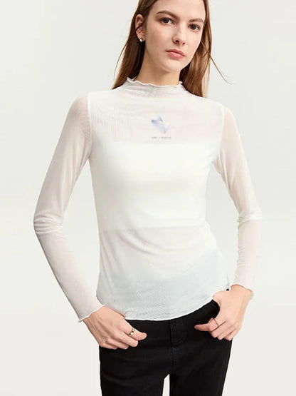 Damen T-Shirt aus gedrucktem Mesh mit slim-fit Halb Stehkragen