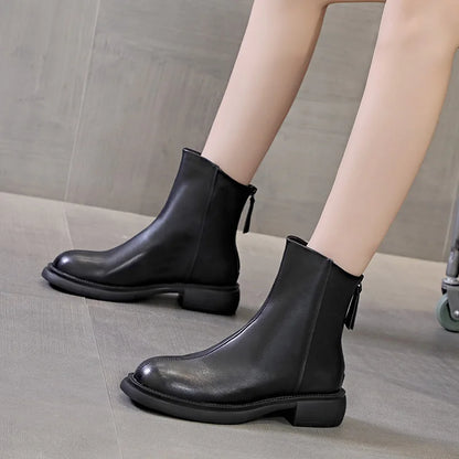 Schwarze Damenstiefeletten aus Leder mit seitlichem Reißverschluss und Zugband