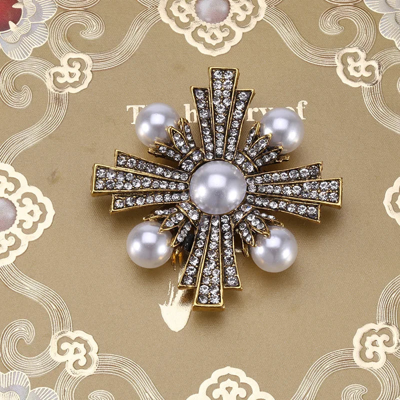 Brosche Kreuz Perle Strass Barock Vintage Luxus Hochzeit Party Damen