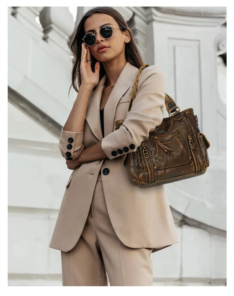 Damen-Schultertasche aus PU mit Mehrfachfächern Bronze Vintage Look Geräumige Innentaschen