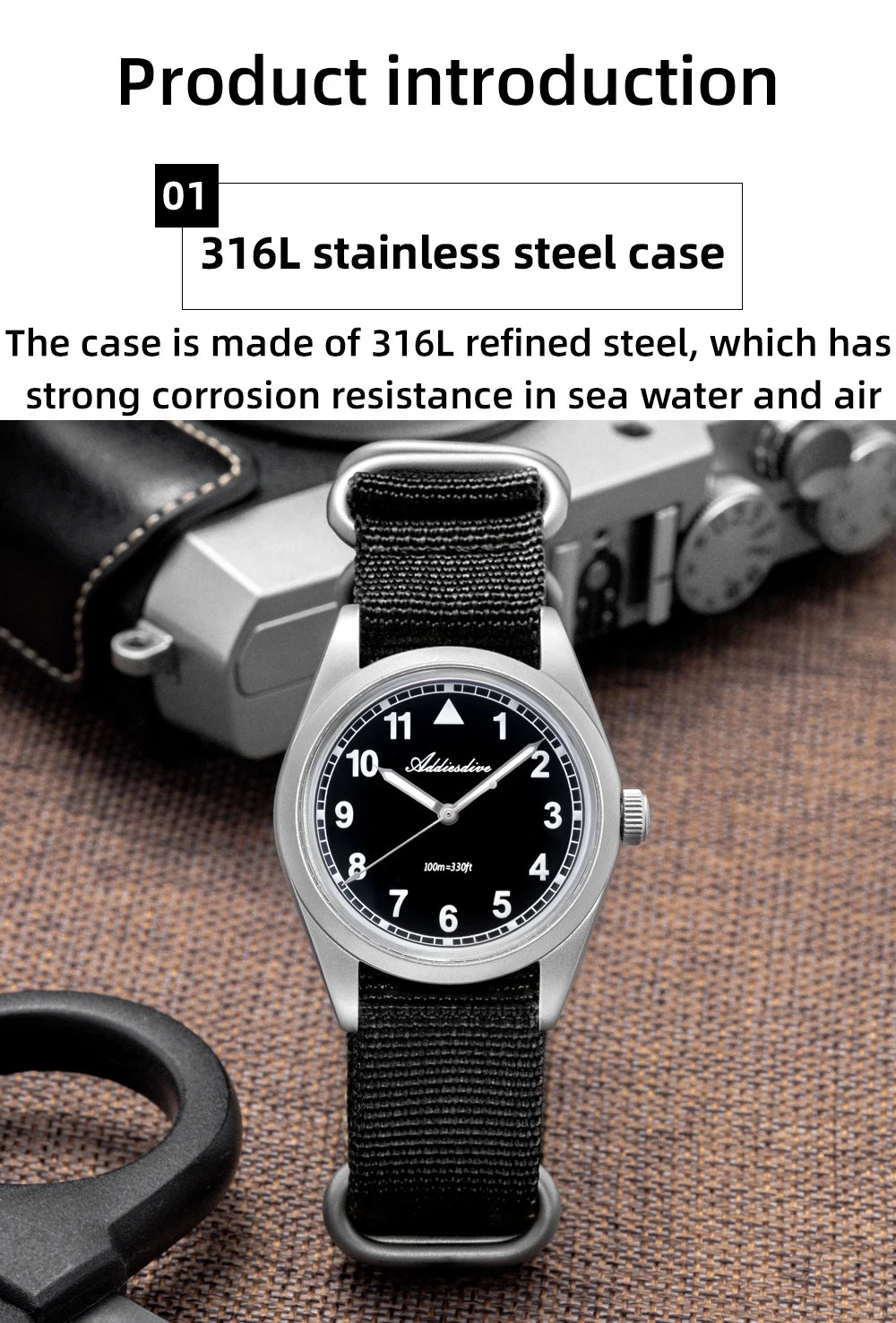 Herren Retro-Quarzuhr 36mm K1 Mineralglas Edelstahl 100m Nachtleuchtzeiger Nylon
