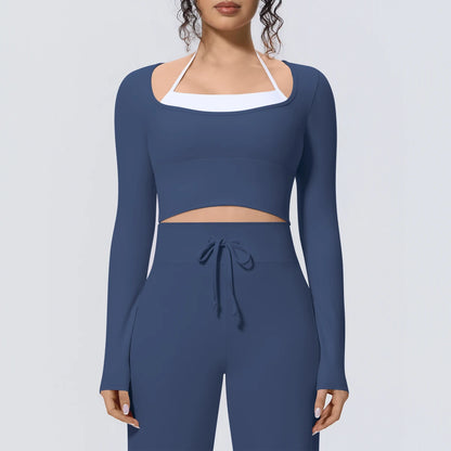 Damen-Langarmshirt, feuchtigkeitsableitend, dunkelblau mit weißem Ausschnitt, enganliegend