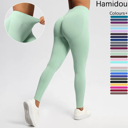 Nahtlose High-Stretch-Leggings mintgrün, Detailansicht am Gesäß/Knie-Bereich