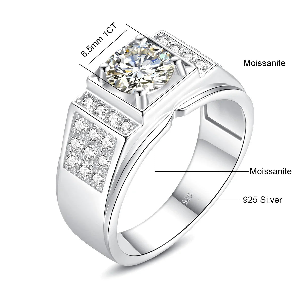 Herren-Moissanit-Ring aus Sterlingsilber 925 mit Zertifikat, Rundschliff 6,5 mm, 1 ct