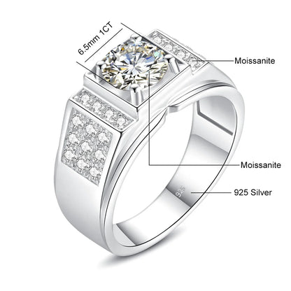 Herren-Moissanit-Ring aus Sterlingsilber 925 mit Zertifikat, Rundschliff 6,5 mm, 1 ct