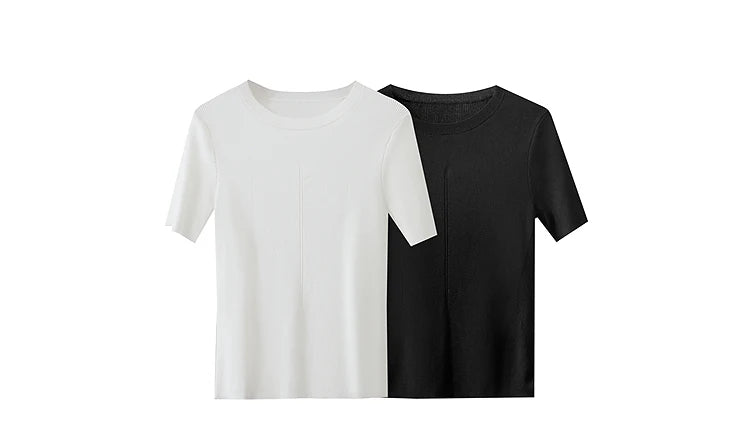 Damen-Rundhalspullover Lyocell Slim Kurzarm figurschmeichelnd Sommer