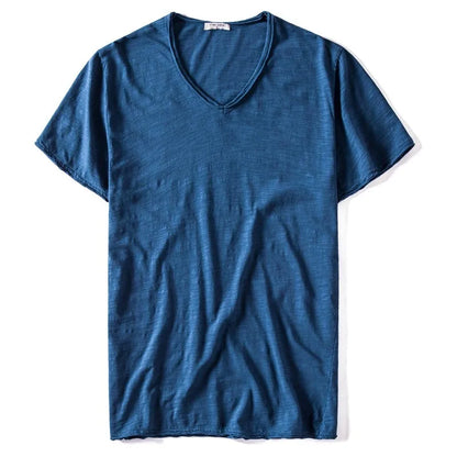 Herren-T-Shirt mit V-Ausschnitt, kurzarm, blau, aus leichter Baumwolle