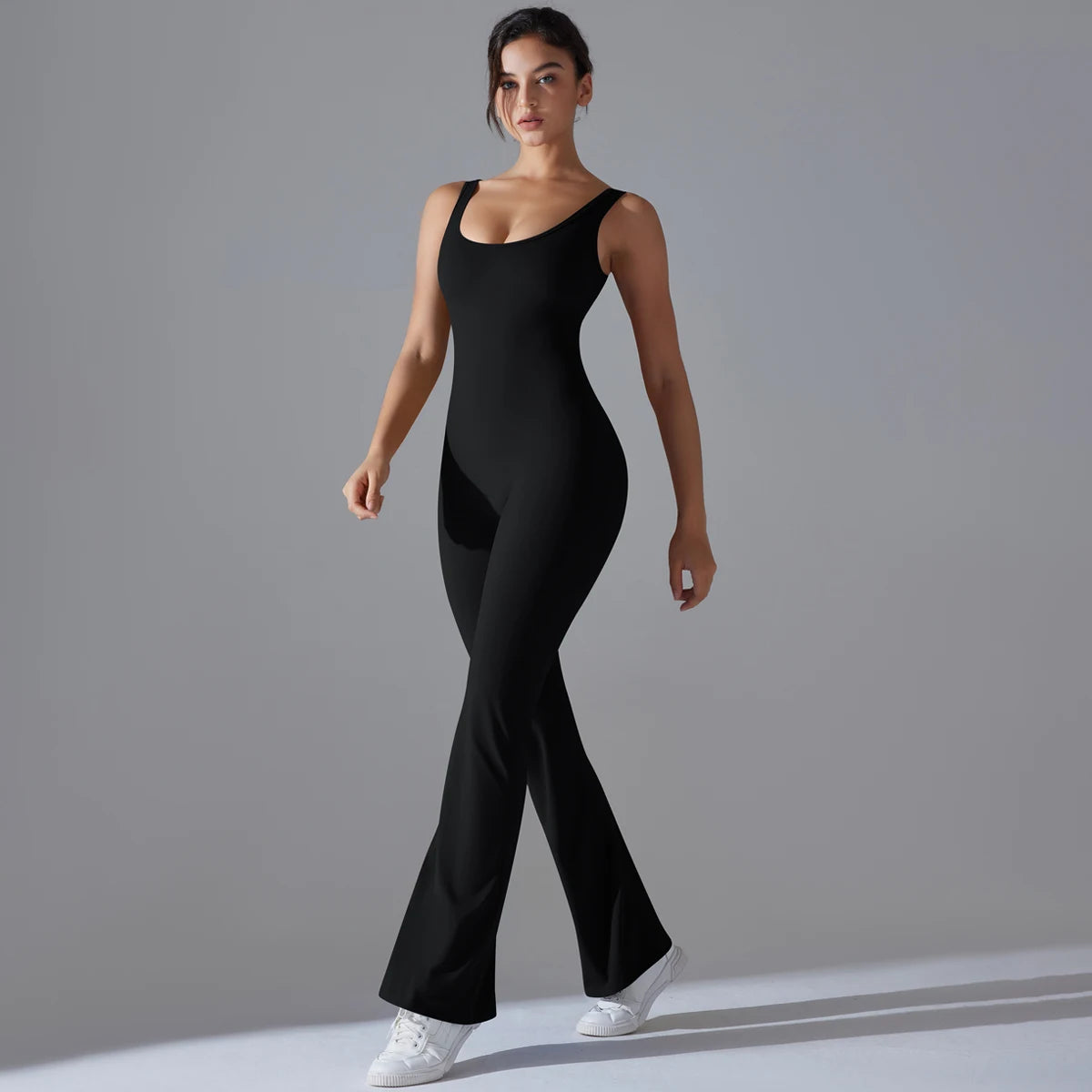 Damen Yoga-Overall, ärmellos, schmale Passform, schwarz, mit weitem Schlagbein