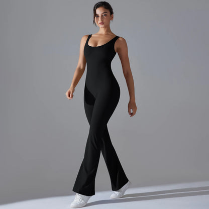 Damen Yoga-Overall, ärmellos, schmale Passform, schwarz, mit weitem Schlagbein