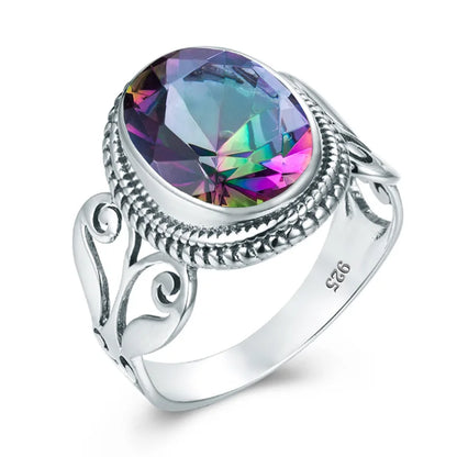 Damen-Ring Aus Sterling Silber Mit Ovaler Rainbow Fire Mystic Topaz Stein 10x16mm Goldtone Schmuck